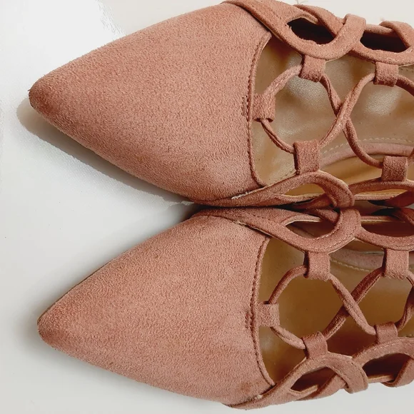 Design Lab by LORD & TAYLOR Sarie Lace-Up Pointy Toe Heels Vegan Suede Pink Sz 8 - Picture 11 of 16